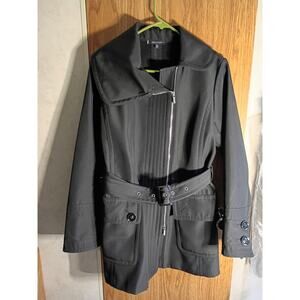 AK Anne Klein Belted Trench Coat Black Structured Zip Up Jacket Medium Quietlux